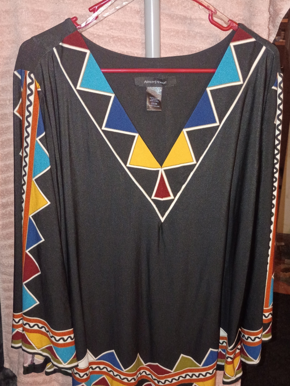 Ashley Stewart Black Geometric V-Neck Tunic with Colorful Trim